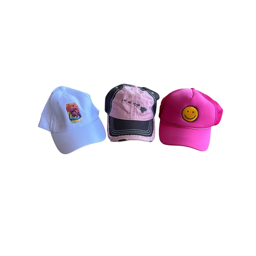 Lot of 3 Womens Hats La Croix Hawaii Otto Smiley‎ Face Pink White OSFM Cotton